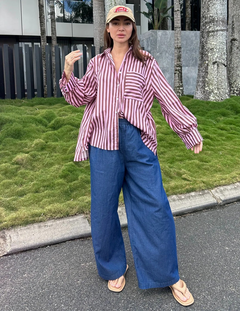 Oversized Cotton Shirt - Chocolate Stripes