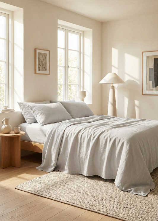 Neatly made bed in a bright bedroom with natural light