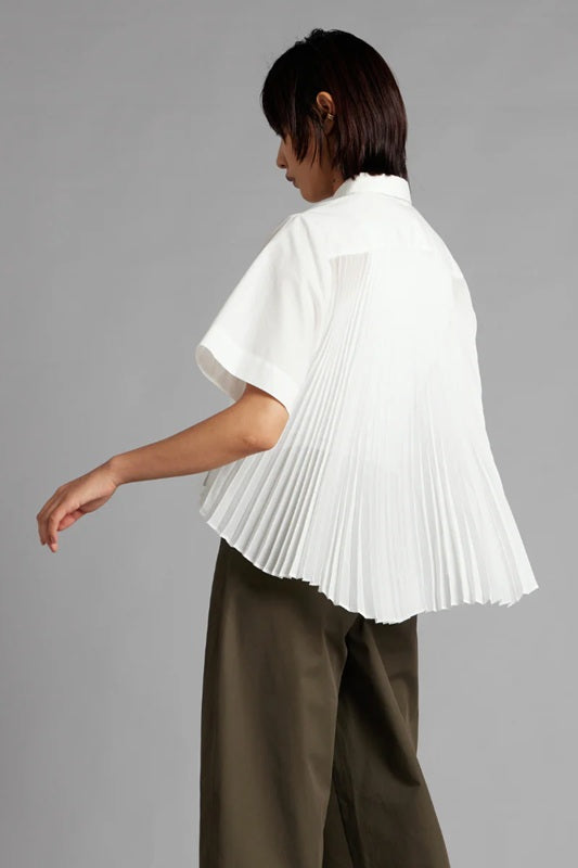 Person wearing a white pleated blouse and brown pants on a gray background