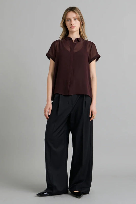 Sheer Pleated Shirt -Deep Wine
