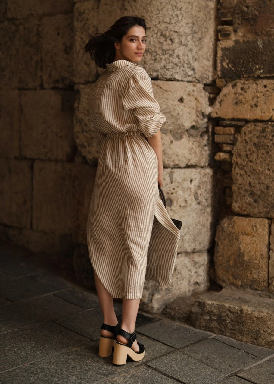 RHAPSODY Linen Dress - Bronze & White Stripes