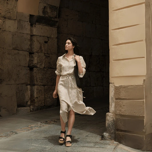 RHAPSODY Linen Dress - Bronze & White Stripes