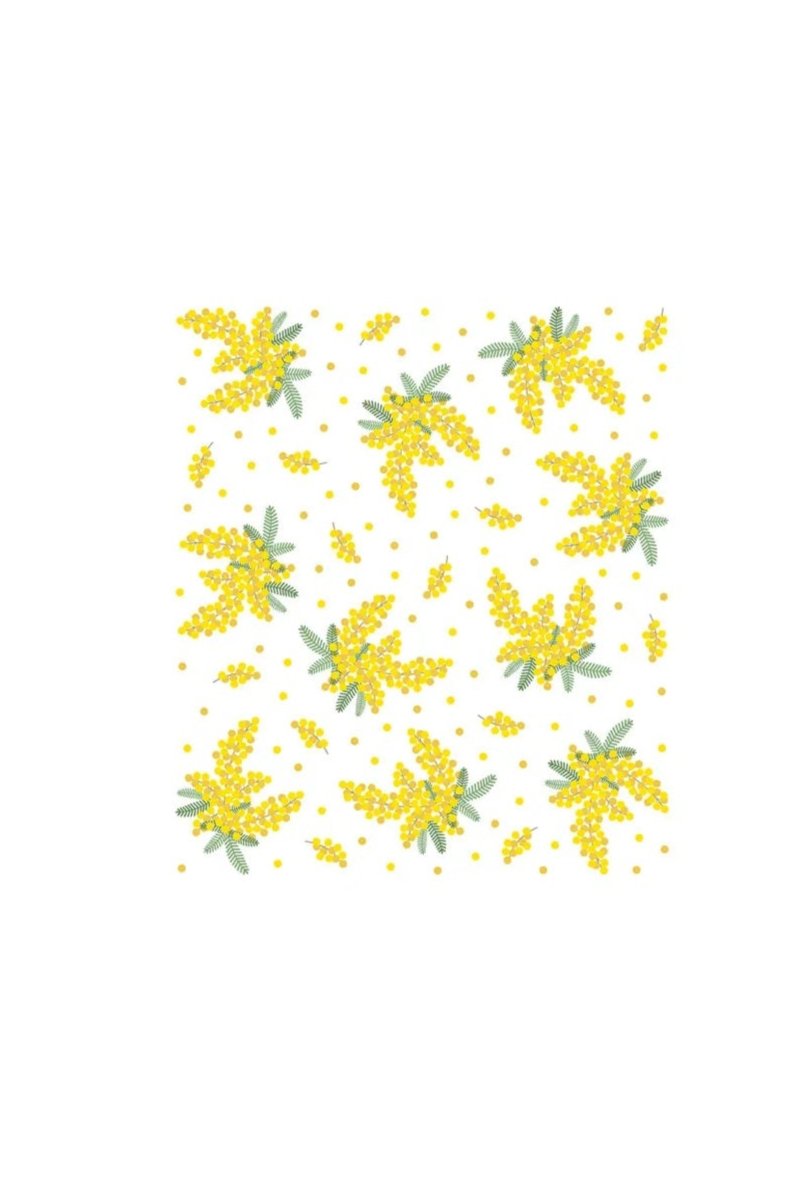 A dish cloth with a floral pattern featuring mimosa flowers in yellow and green on a white background.