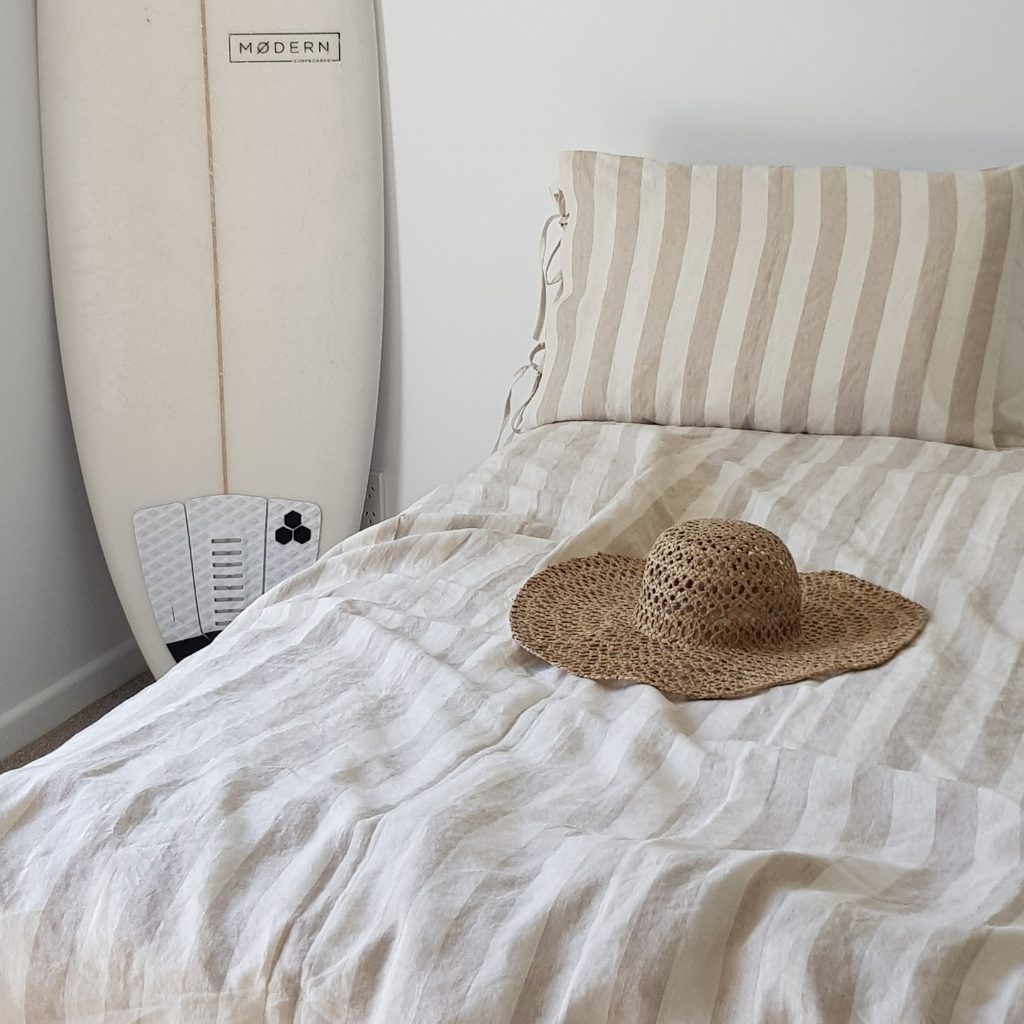 Linen Fitted Sheet Wide Beige Stripe - Made in New Zealand