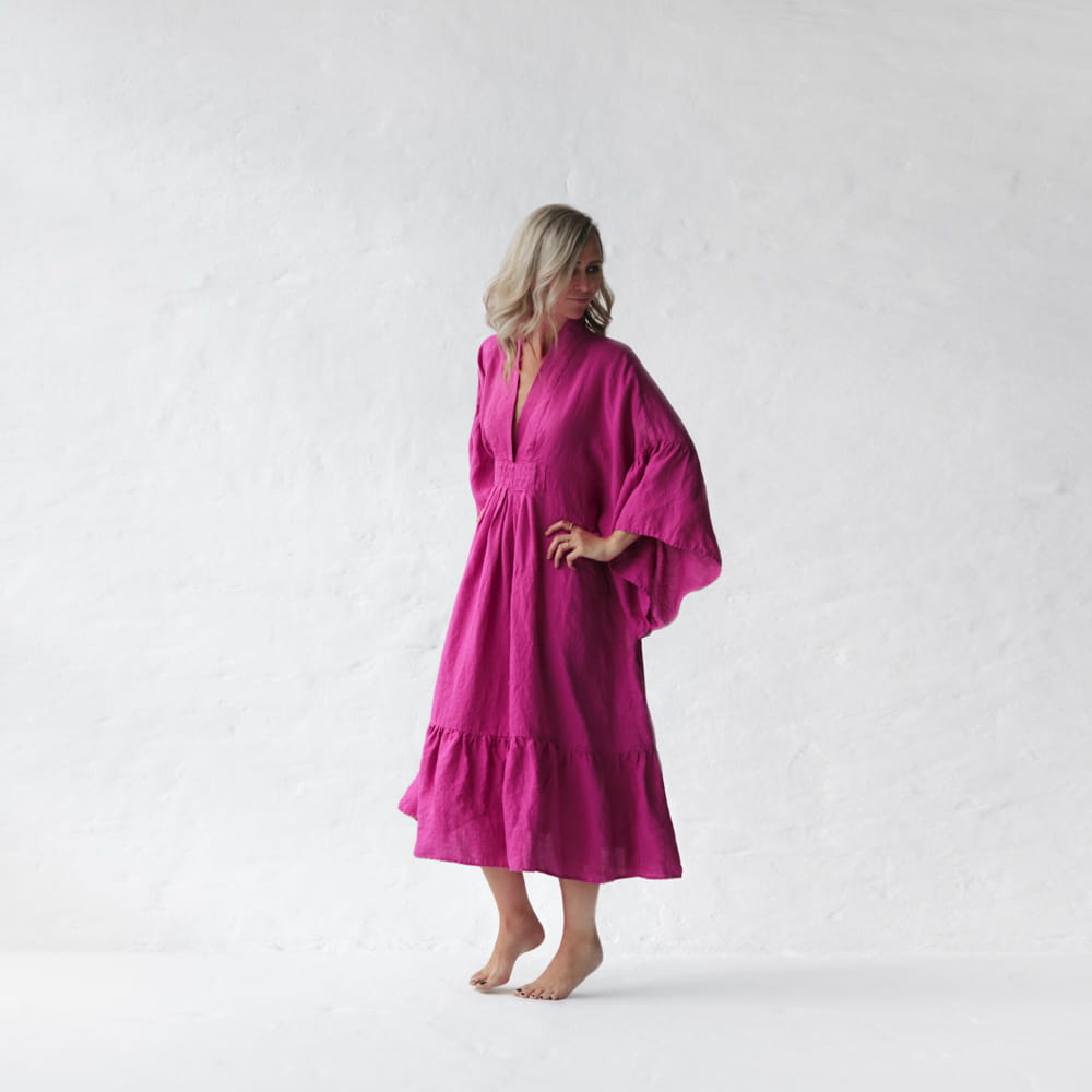 Ruffles Linen Dress | Neon Pink