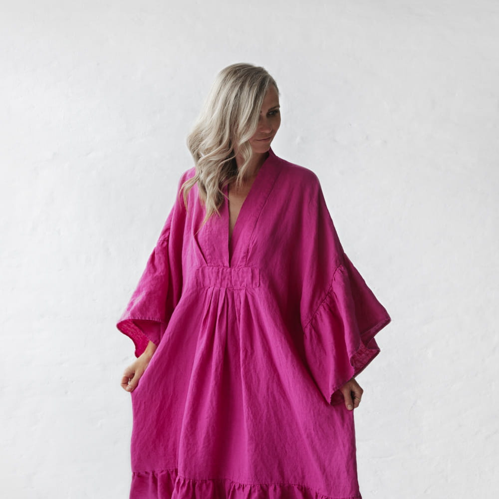 Ruffles Linen Dress | Neon Pink