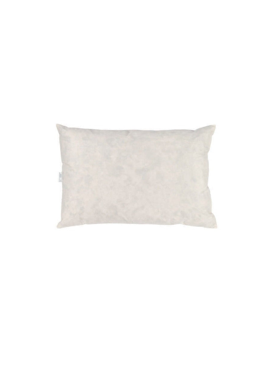 A rectangular feather filled cushion inner against a white background.