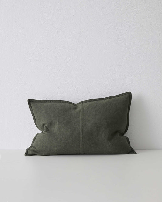 A khaki green rectangular cushion with a double stitch French seam edge and a flat, woven texture.