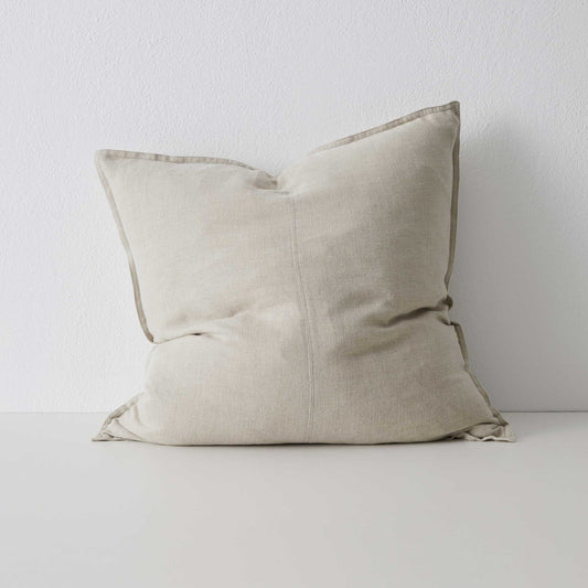 A beige European cushion measuring 60cm x 60cm made from linen, with a double stitch french seam edge and panel detail.