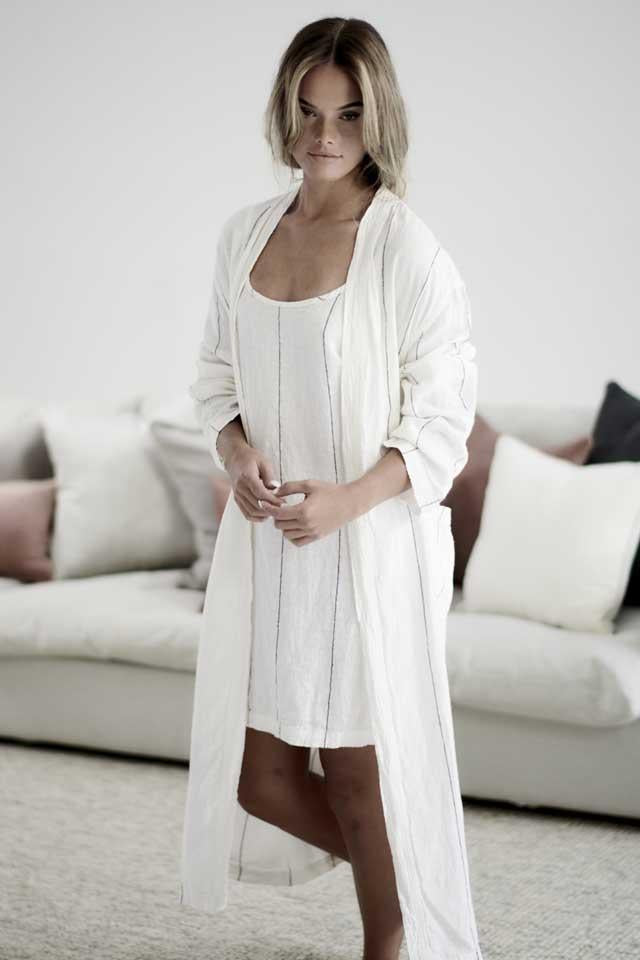 Linen Robe  | Charcoal Stripe