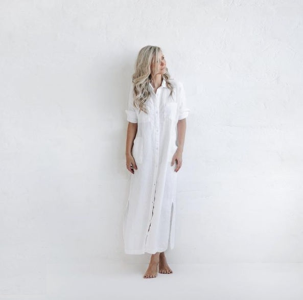 Long Linen shirt dress | White -25% OFF