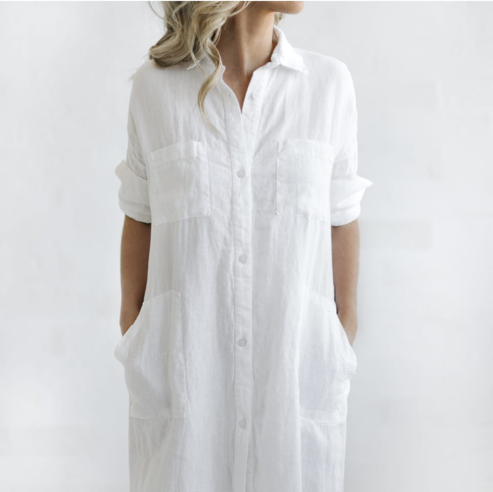 Long Linen shirt dress | White