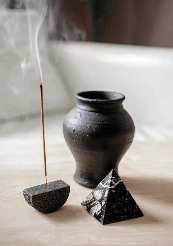 Lavastone hand-carved Incense holder | Black