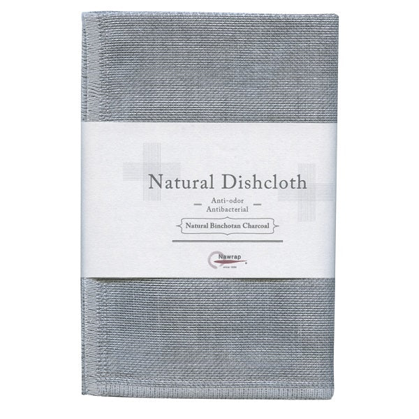 A gray dish cloth made of binchotan charcoal, displayed with a label that reads 'Natural Dishcloth' and other details.