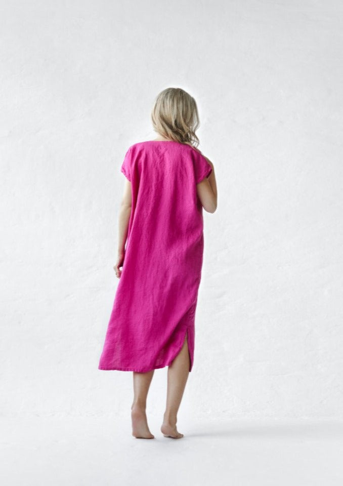 Linen V neck dress | Neon Pink