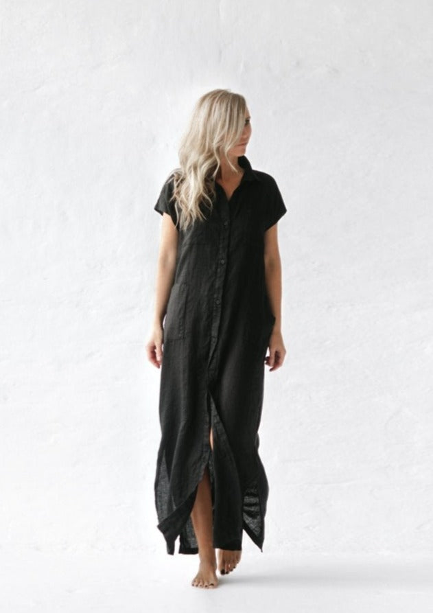 Linen Tunic Shirt Dress | Black
