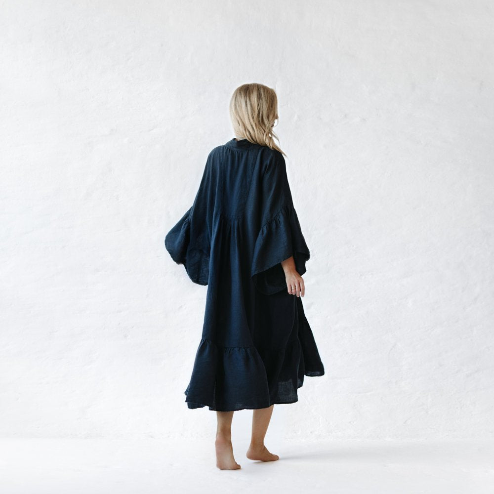 Ruffles Linen Dress | Navy