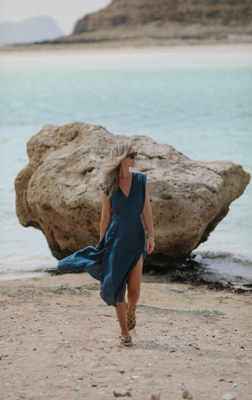 Star Linen Dress | Teal Blue