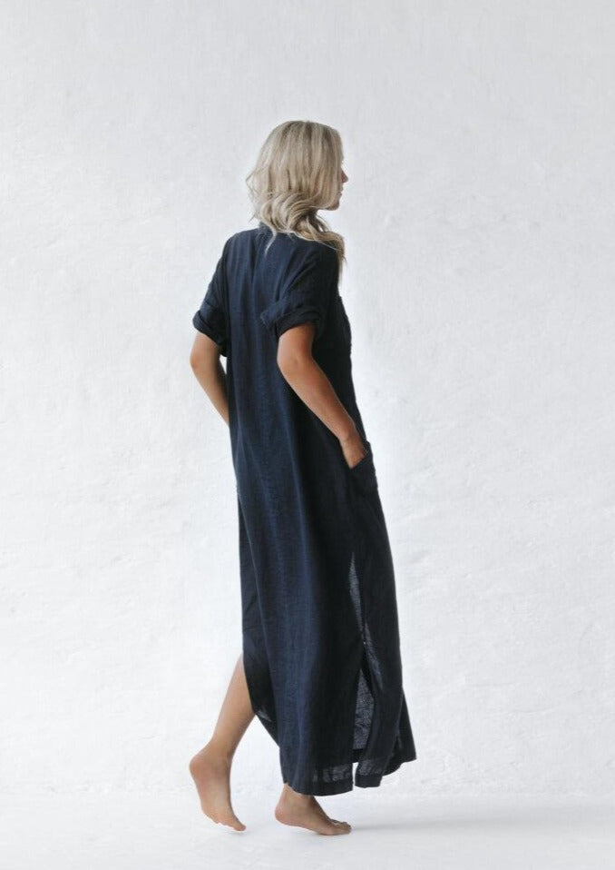 Long Linen shirt dress | Navy