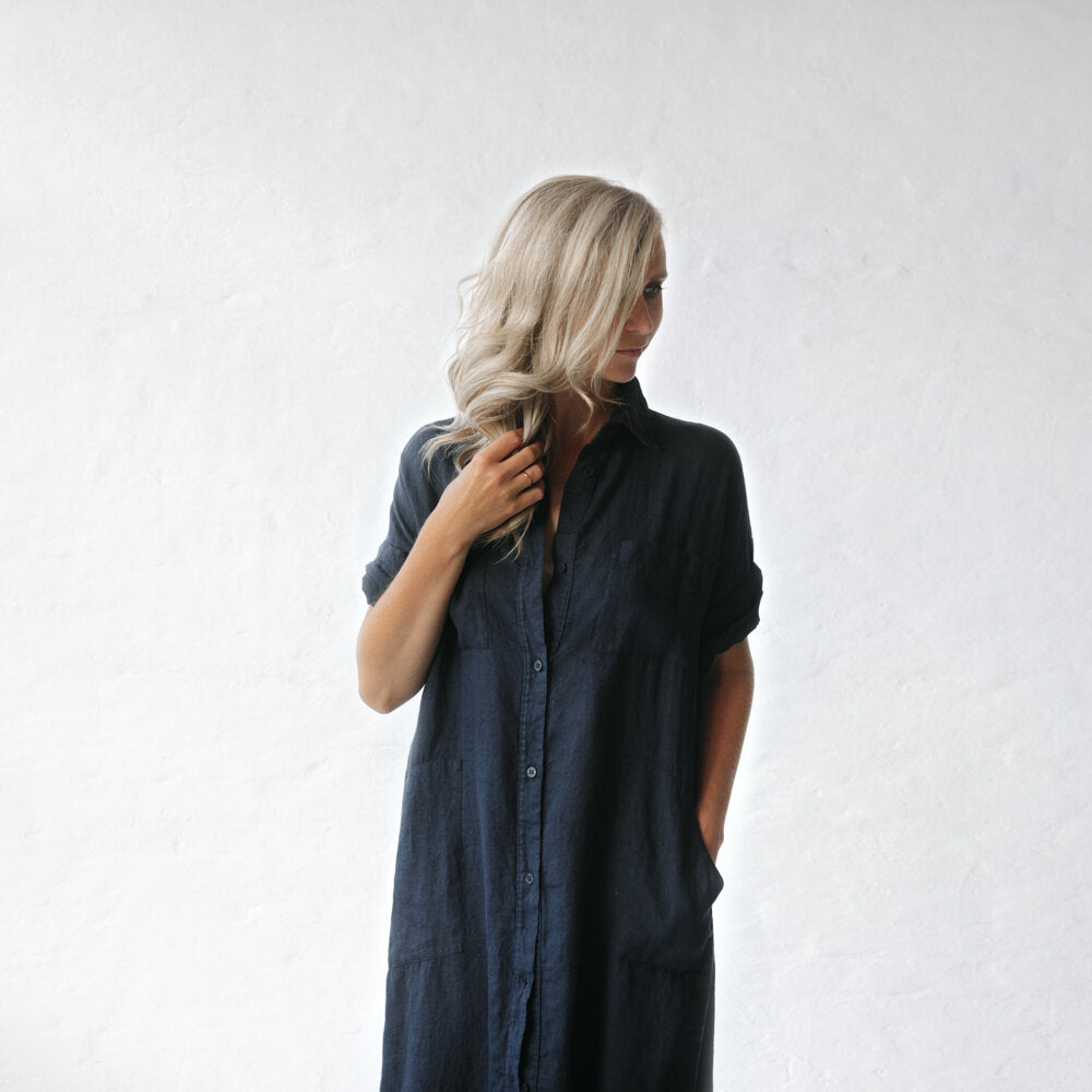 Long Linen shirt dress | Navy