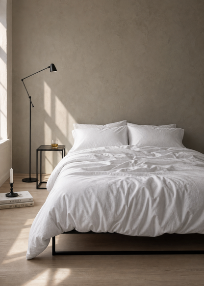 A minimalist bedroom scene featuring a bed dressed in crisp white bedding, set against a textured warm gray wall with soft sunlight streaming across the floor and wall.