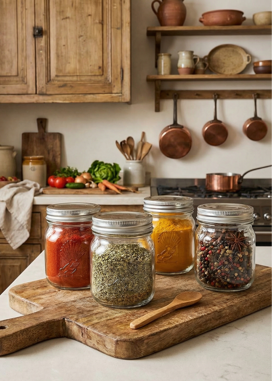 Kitchen scene with jars of spices on a wooden cutting board, surrounded by kitchen utensils and ingredients.