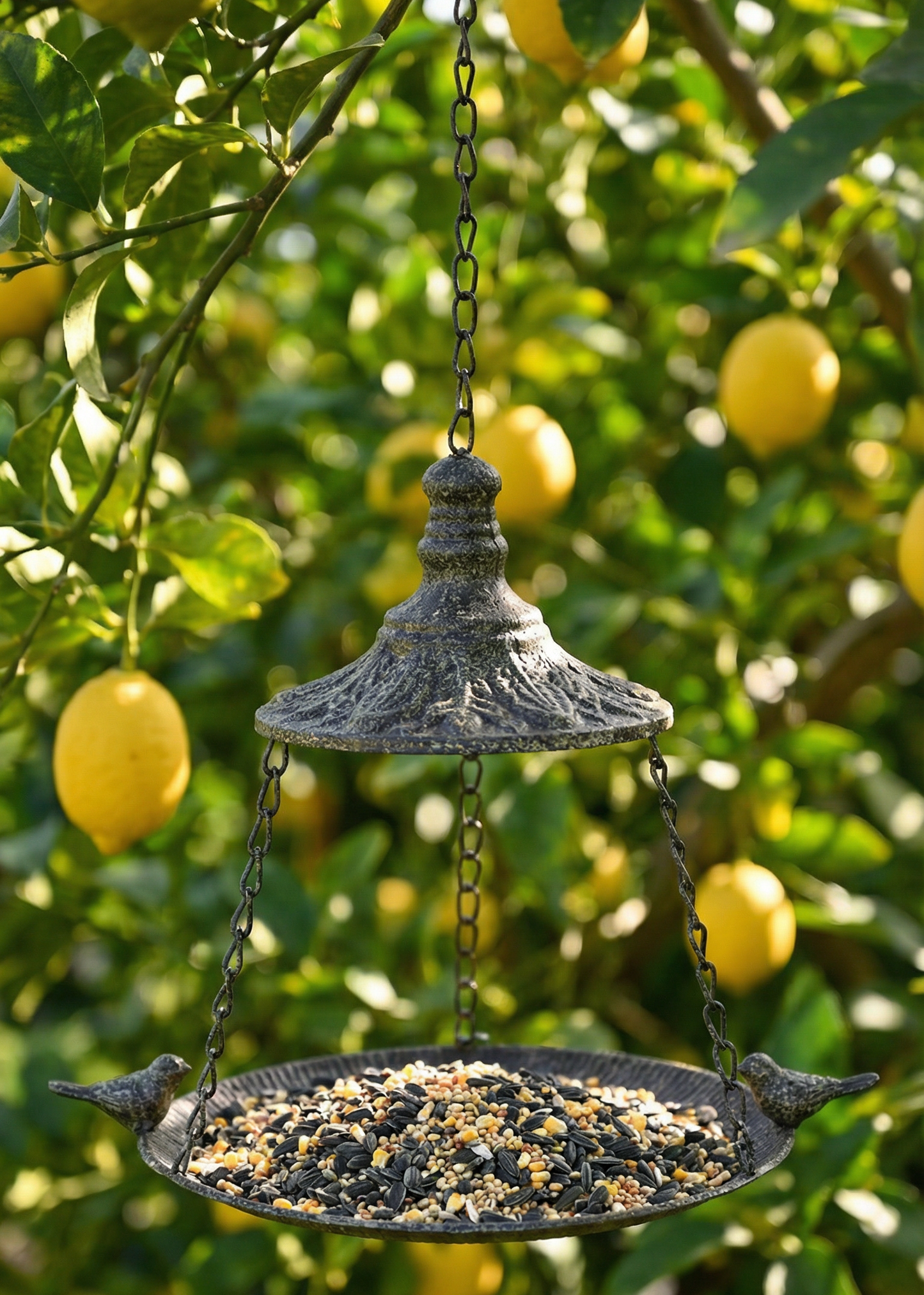 Decorative bird feeder hanging among lemon trees with lemons on a sunny day.