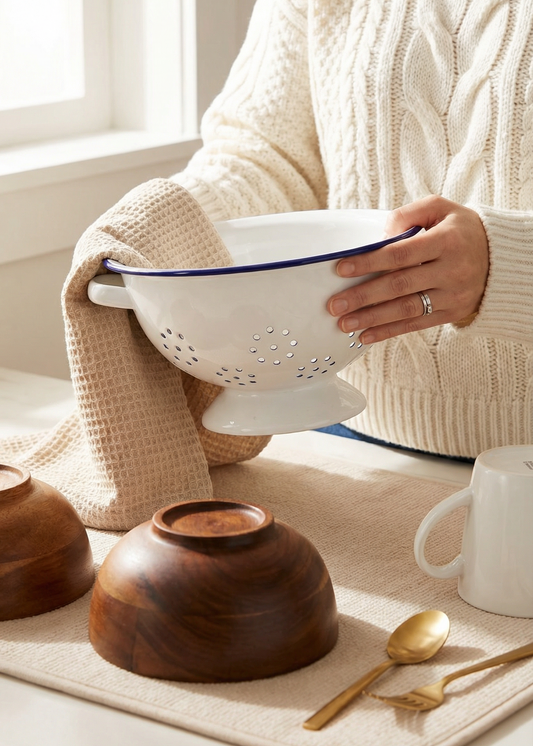 Person holding a white colander with wooden bowls and a mug on a light-colored surface.
