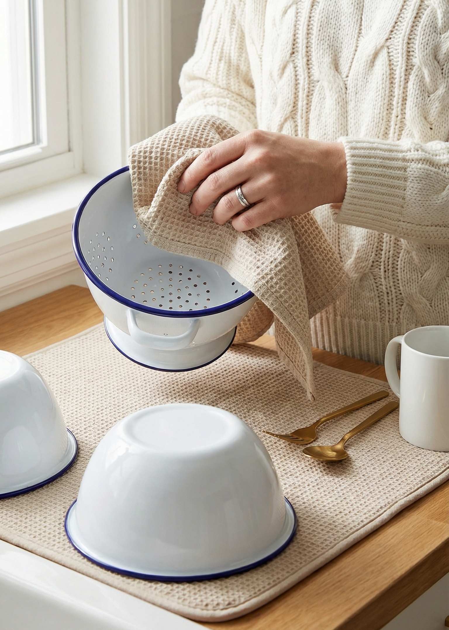 Person holding a white bowl with blue rim on a wooden surface