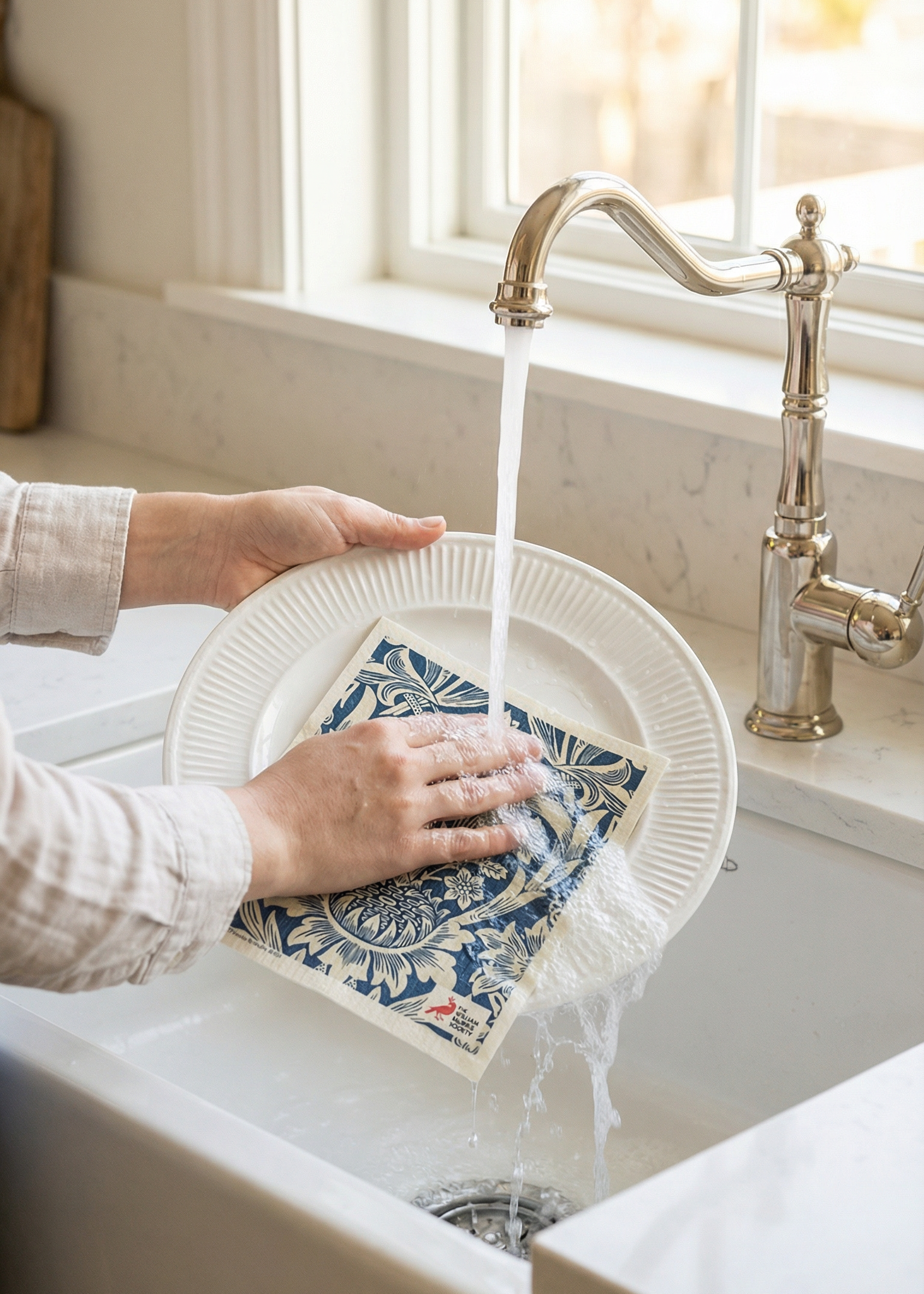 Person washing a dish in a kitchen sink with a window in the background