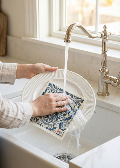 Person washing a dish in a kitchen sink with a window in the background