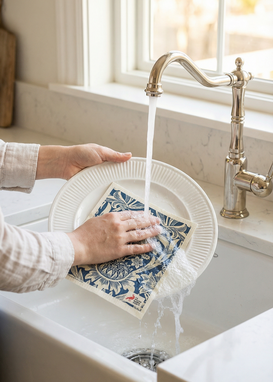 Person washing a dish in a kitchen sink with a window in the background