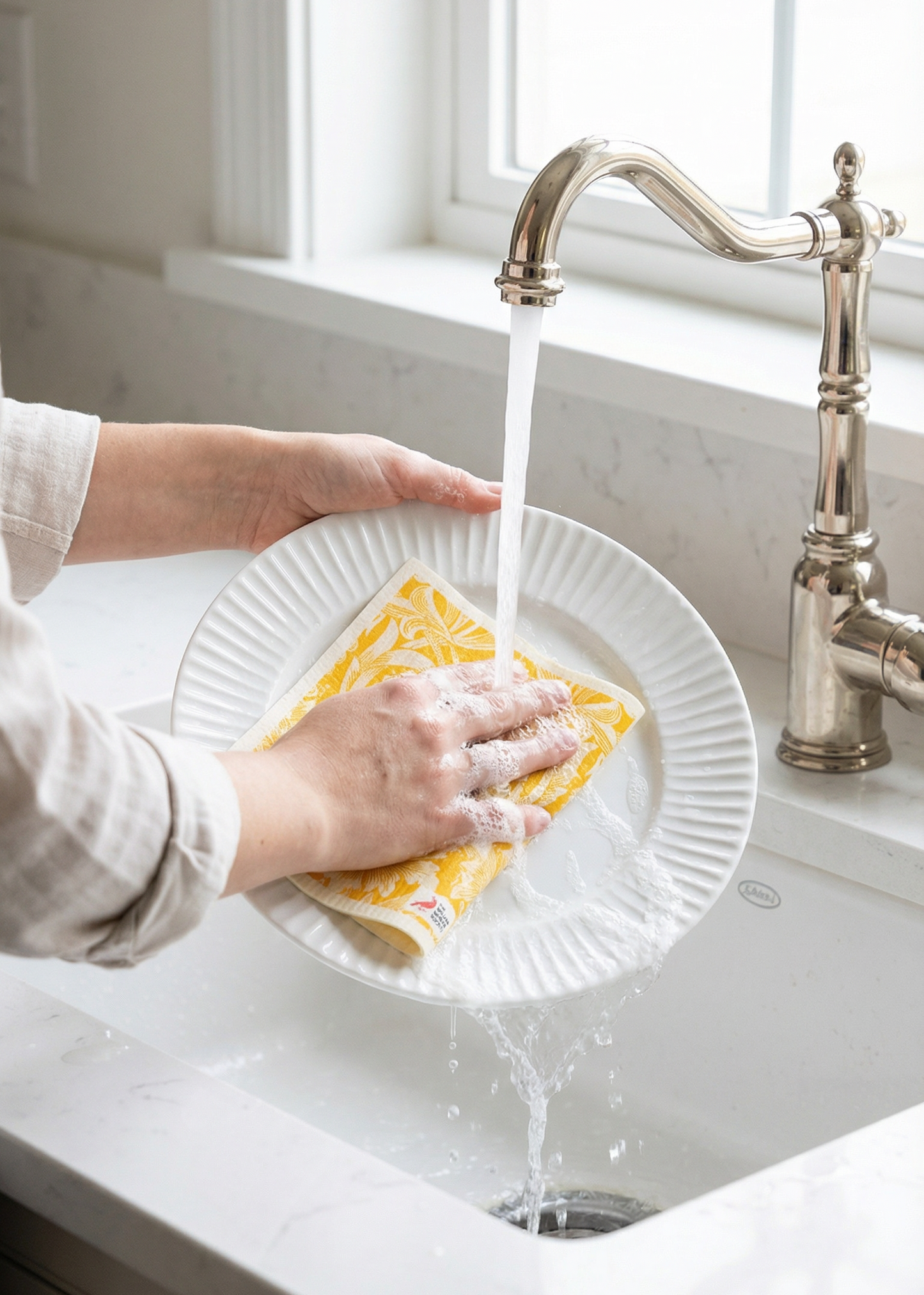 Person washing a plate with a sponge under running water in a kitchen sink.