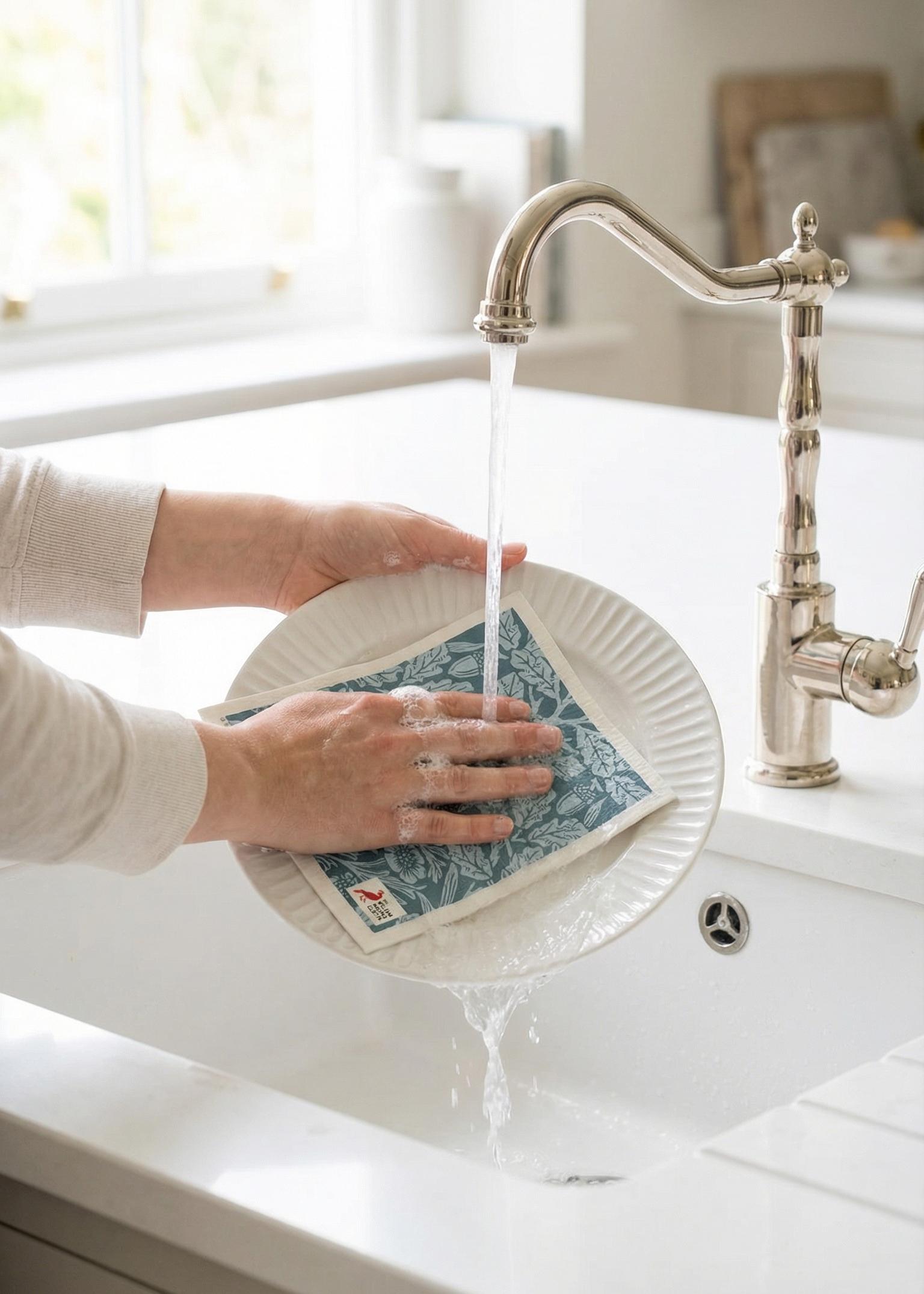 Person washing a plate under running water in a kitchen sink with a modern faucet.