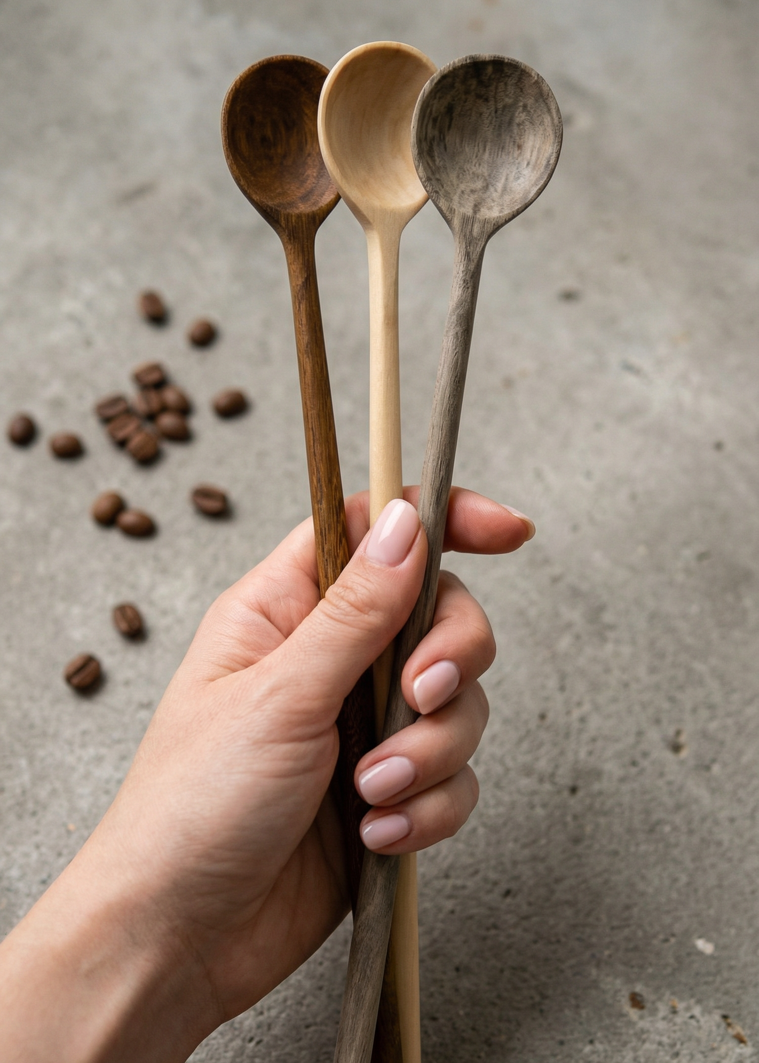 Three wooden spoons held by a hand on a concrete surface with coffee beans.