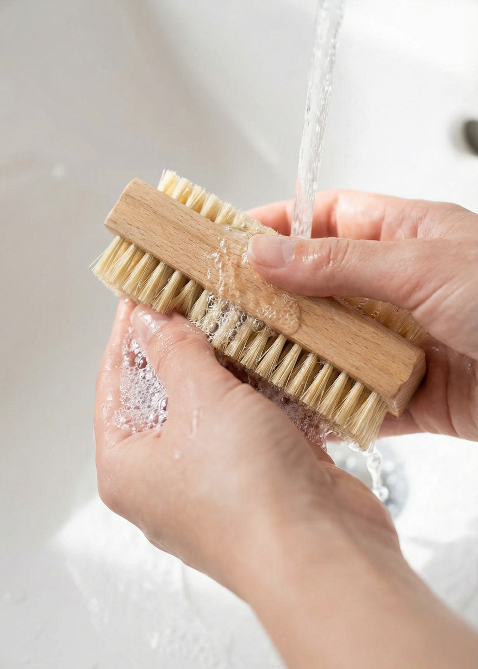 Person scrubbing a wooden brush with soap under running water in a sink.