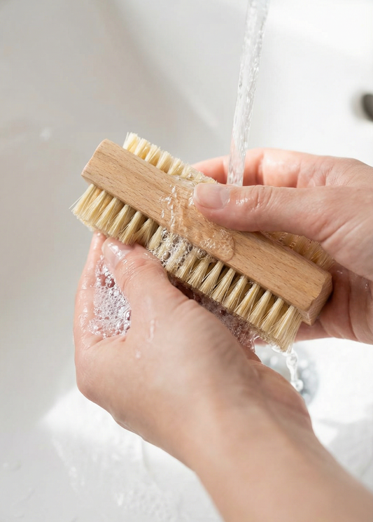 Person scrubbing a wooden brush with soap under running water in a sink.
