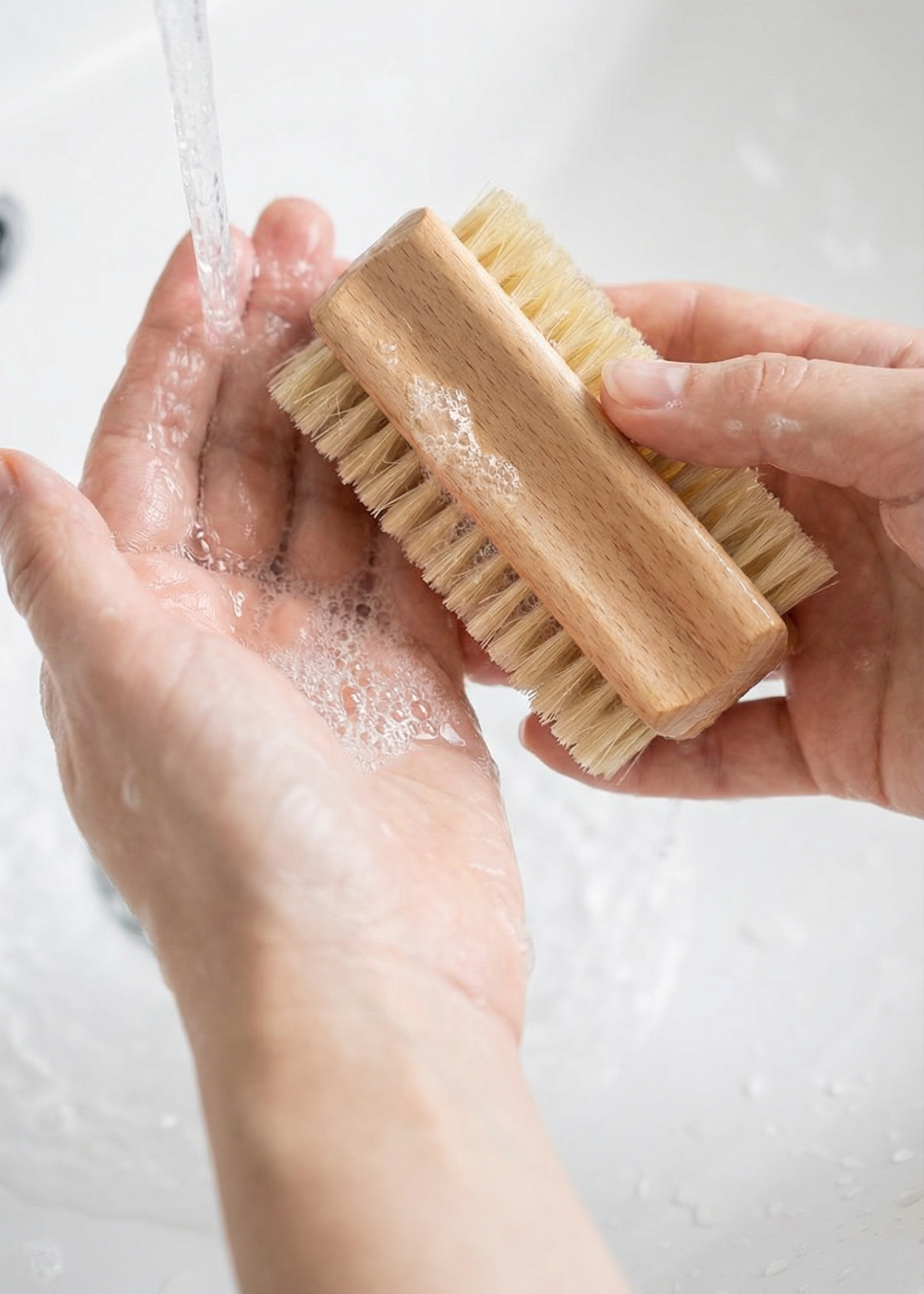 Person washing a wooden scrubber under running water