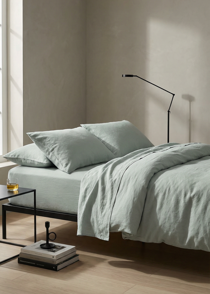 Modern bedroom with light green bedding and minimal decor.