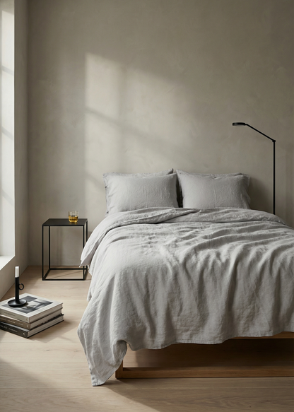 Minimalist bedroom with a bed, side table, and lamp against a neutral wall.