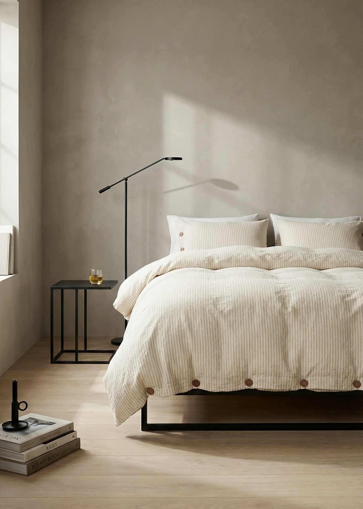 Neatly made bed with white bedding in a minimalistic bedroom.