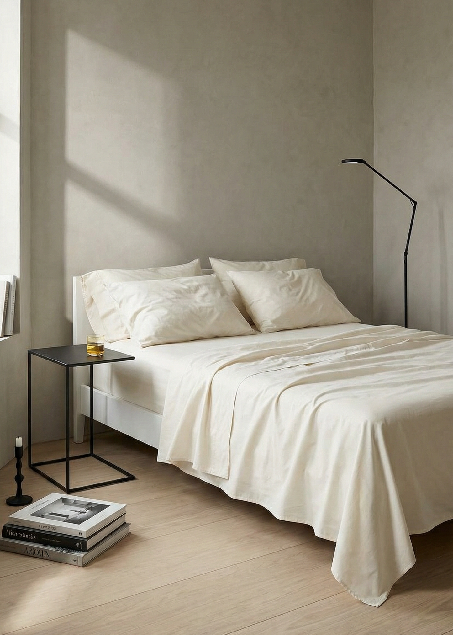 Neatly made bed in a minimalistic bedroom with light-colored walls and wooden floor.
