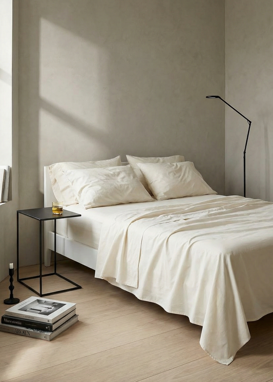 Neatly made bed in a minimalistic bedroom with light-colored walls and wooden floor.