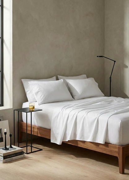 Bedroom with wooden bed, white bedding, and minimal decor.