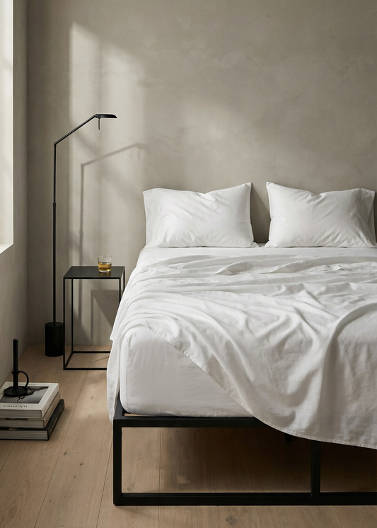 Minimalist bedroom with a bed, side table, and lamp against a neutral wall.