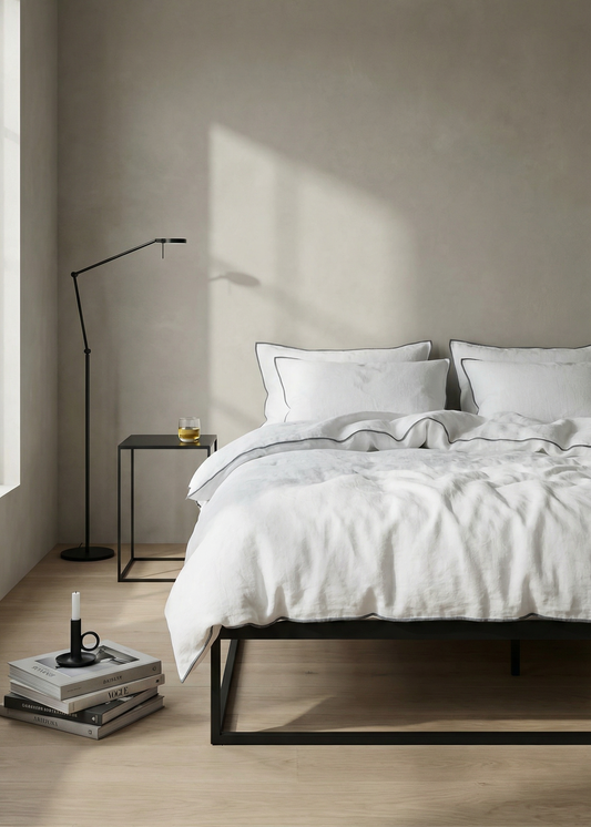 Sable Edge Linen Duvet Cover - White with Slate border