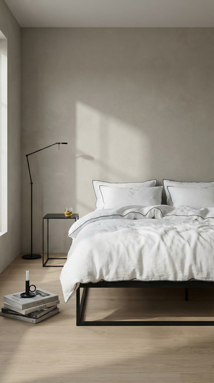 Sable Edge Linen Duvet Cover - White with black border