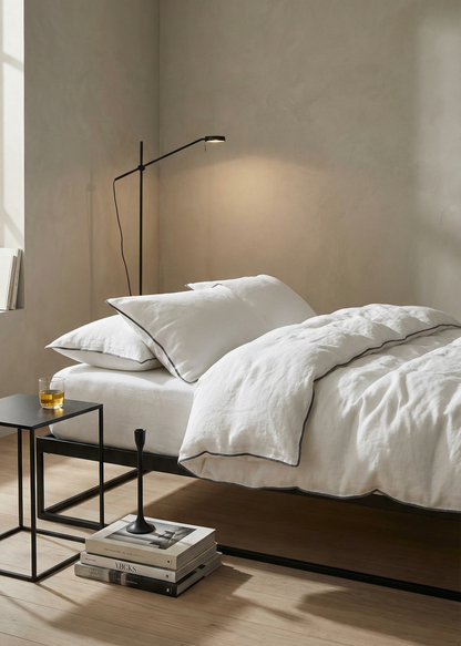 Sable Edge Linen Duvet Cover - White with black border