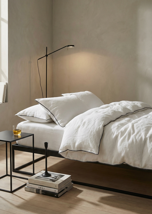 Sable Edge Linen Duvet Cover - White with black border