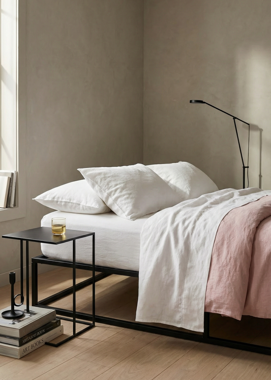 Neatly made bed with white bedding and pink blanket in a minimalistic bedroom.